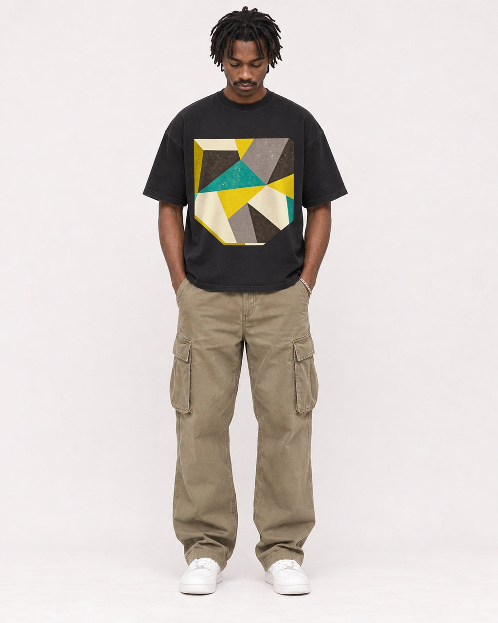 Mockup Boxy Heavyweight Tee Black male full-body 04
