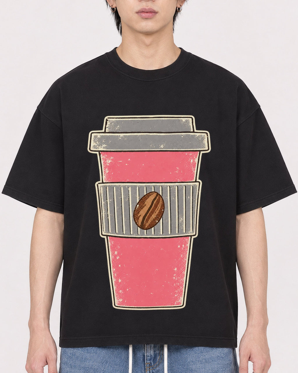 Mockup Boxy Heavyweight Tee Black male close-up 11