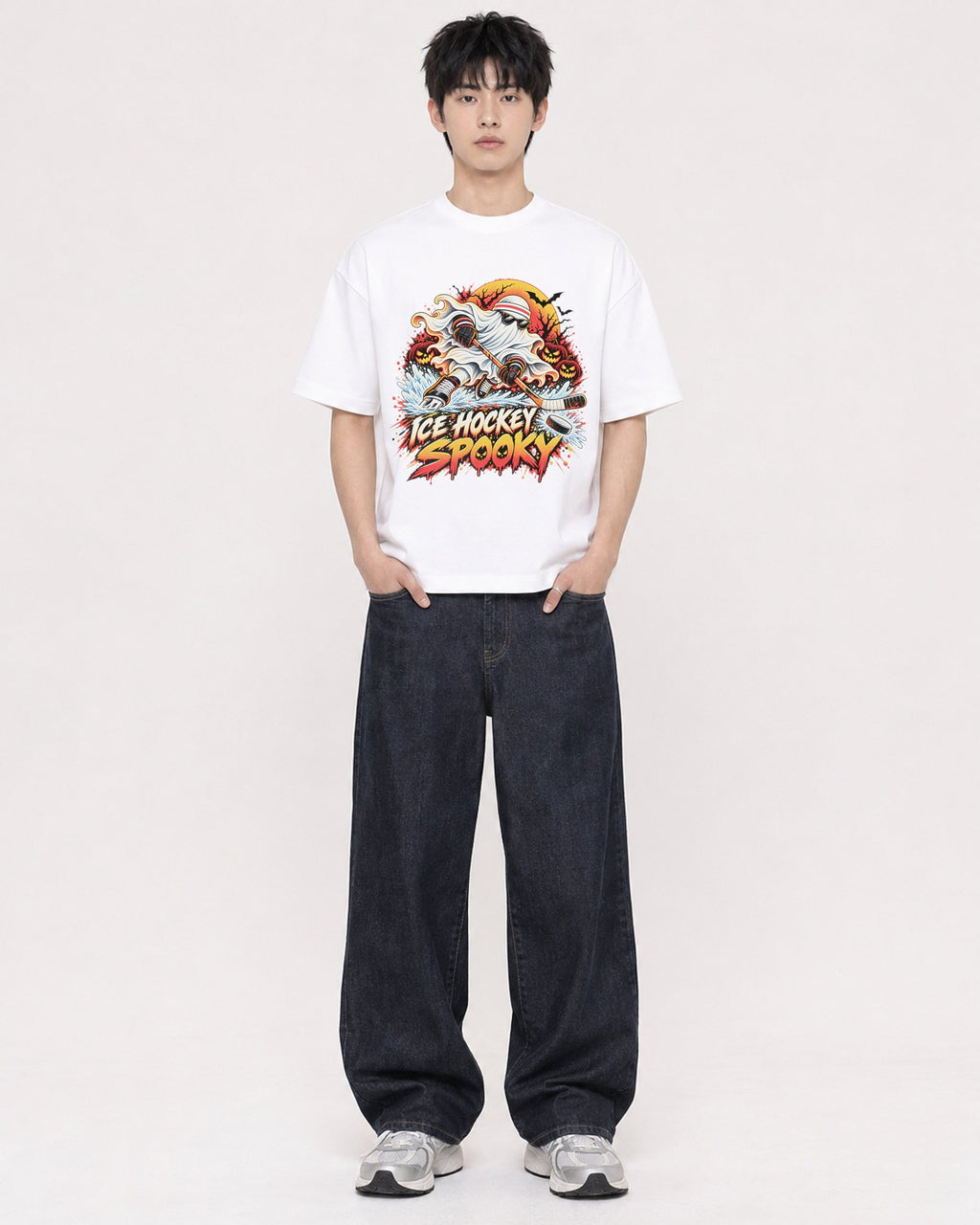 Mockup Boxy Heavyweight Tee White male full-body 01