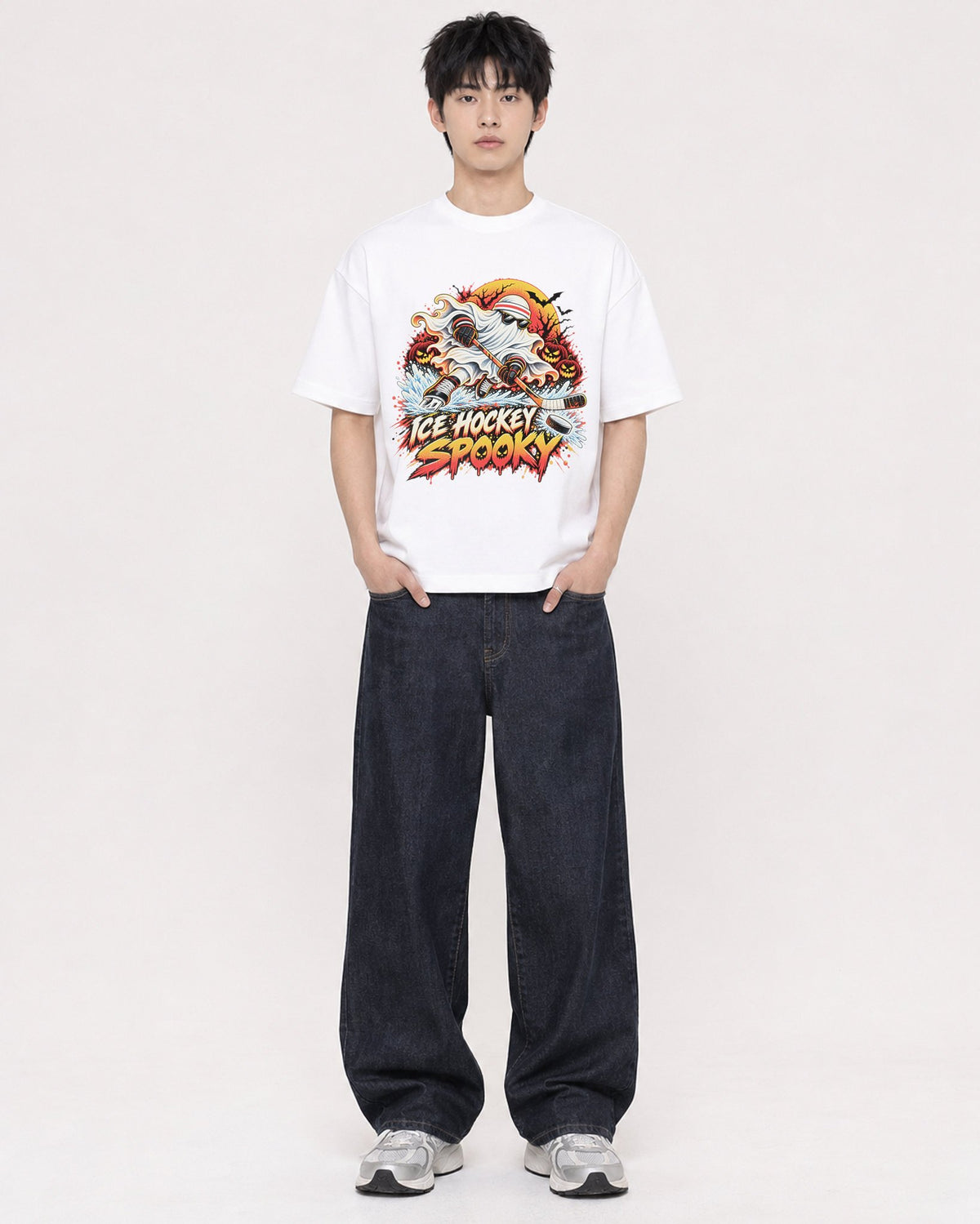 Mockup Boxy Heavyweight Tee White male full-body 01