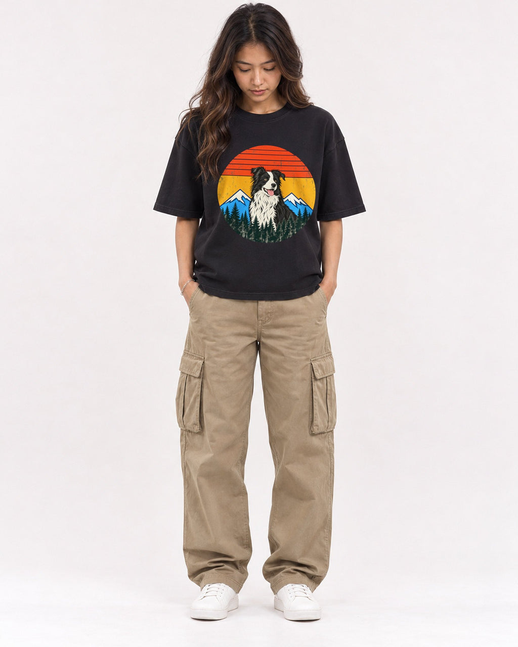 Mockup Boxy Heavyweight Tee Black female full-body 02