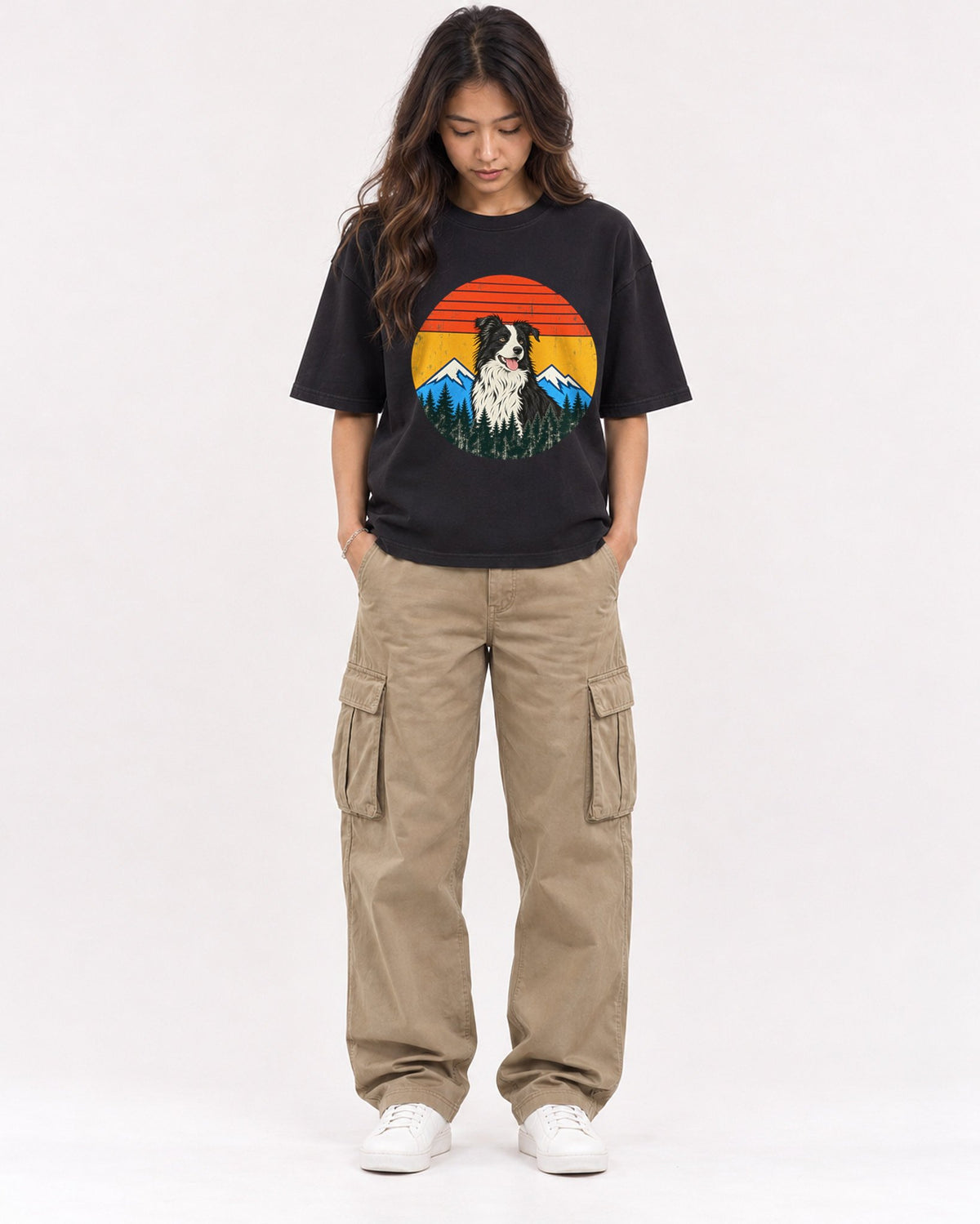 Mockup Boxy Heavyweight Tee Black female full-body 02