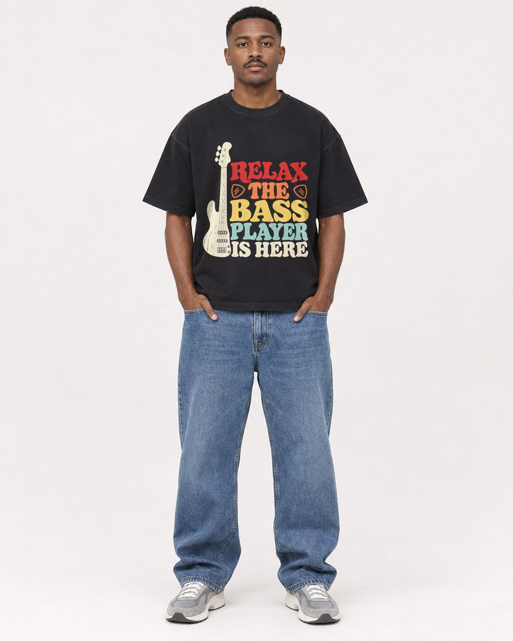 Mockup Boxy Heavyweight Tee Black male full-body 14