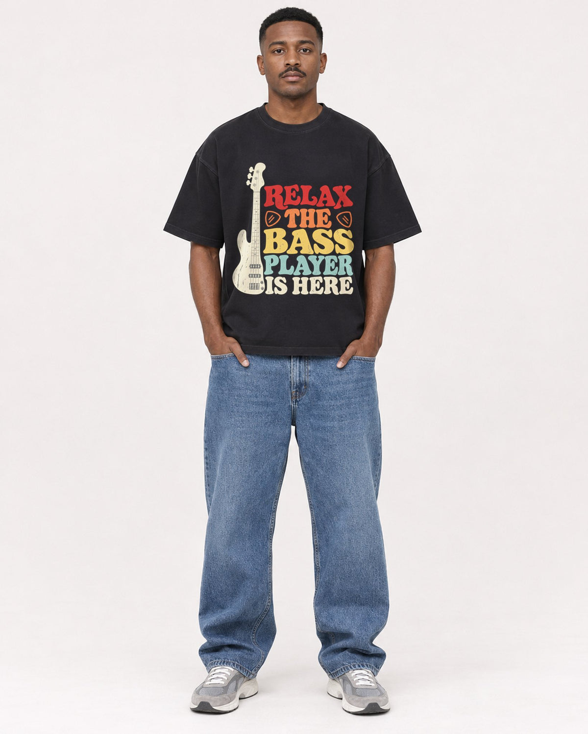 Mockup Boxy Heavyweight Tee Black male full-body 14
