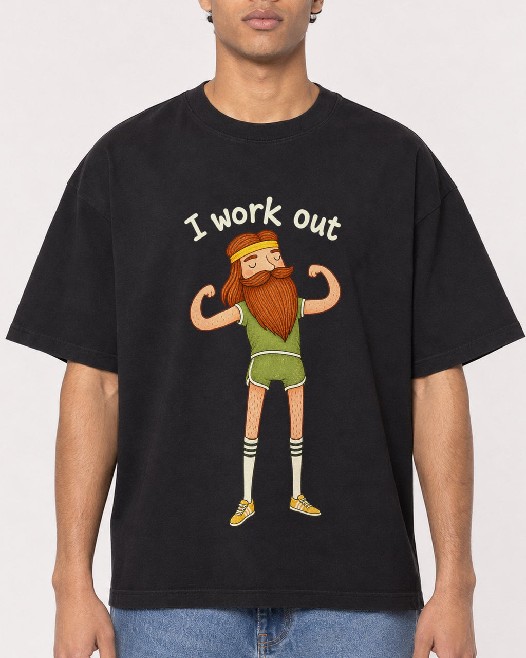 Mockup Boxy Heavyweight Tee Black male close-up 10