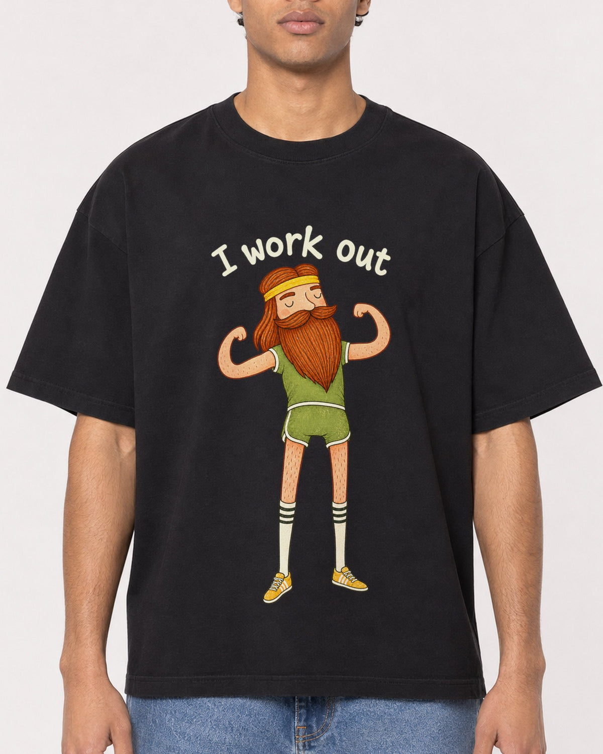 Mockup Boxy Heavyweight Tee Black male close-up 10
