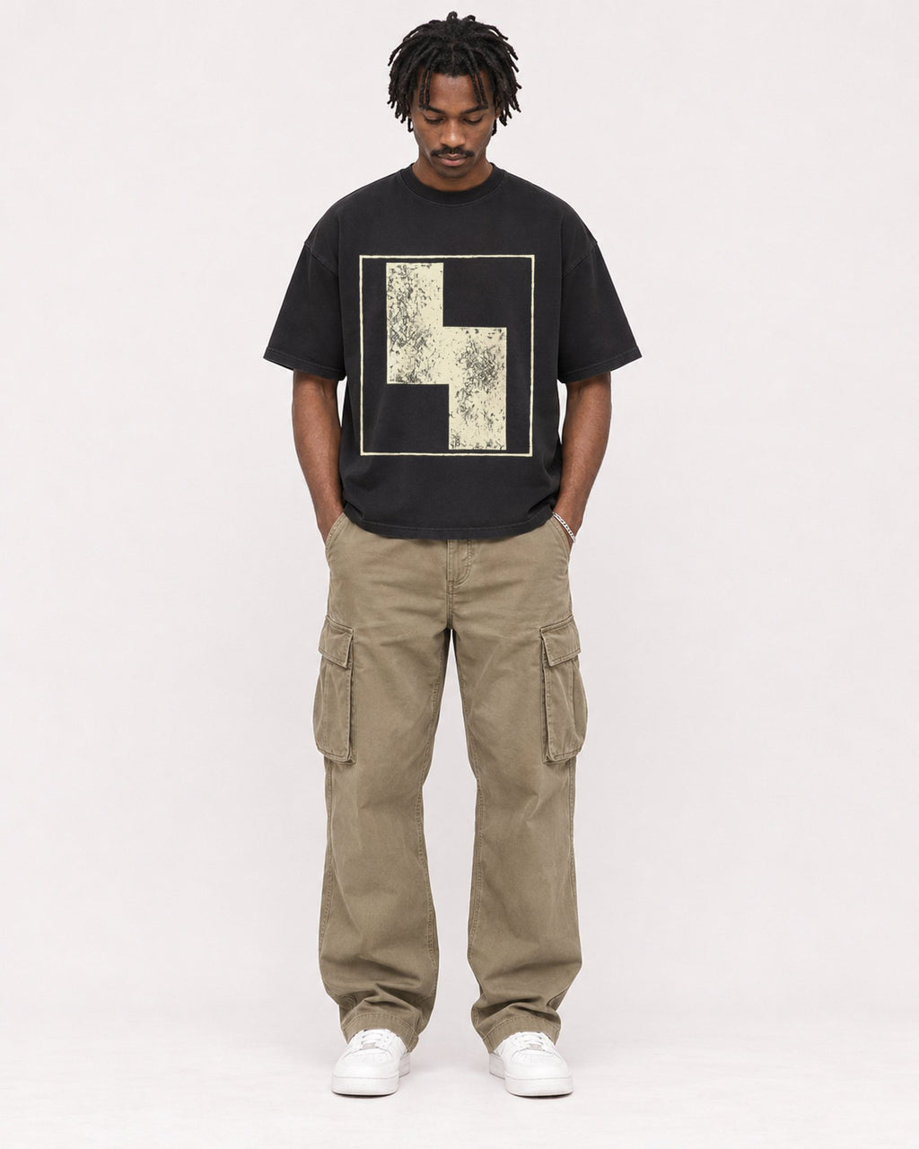 Mockup Boxy Heavyweight Tee Black male full-body 04