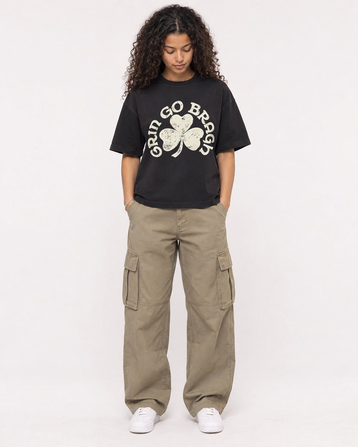 Mockup Boxy Heavyweight Tee Black female full-body 10