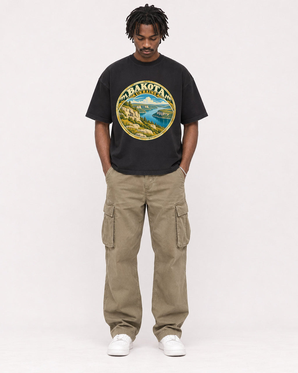 Mockup Boxy Heavyweight Tee Black male full-body 04