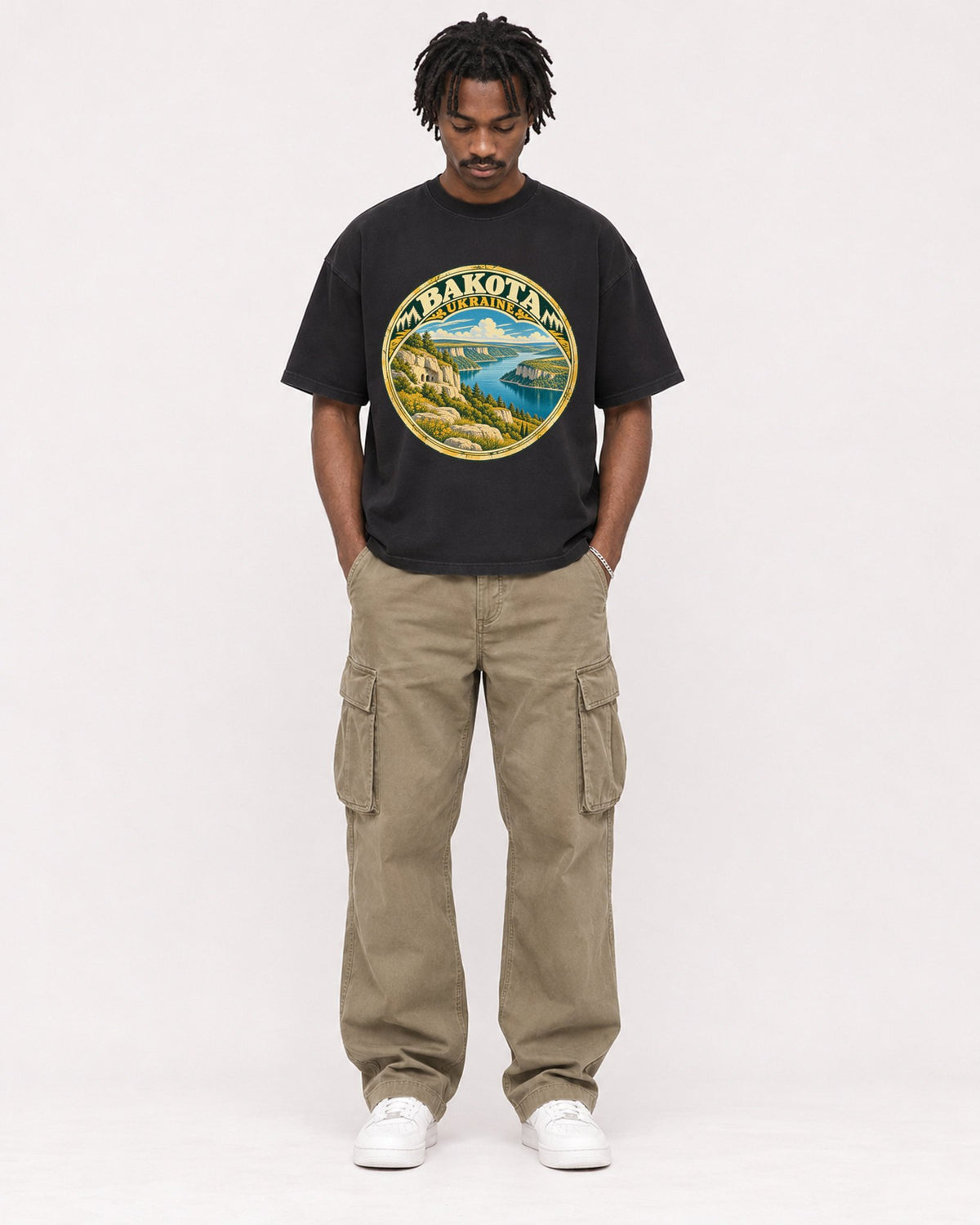Mockup Boxy Heavyweight Tee Black male full-body 04