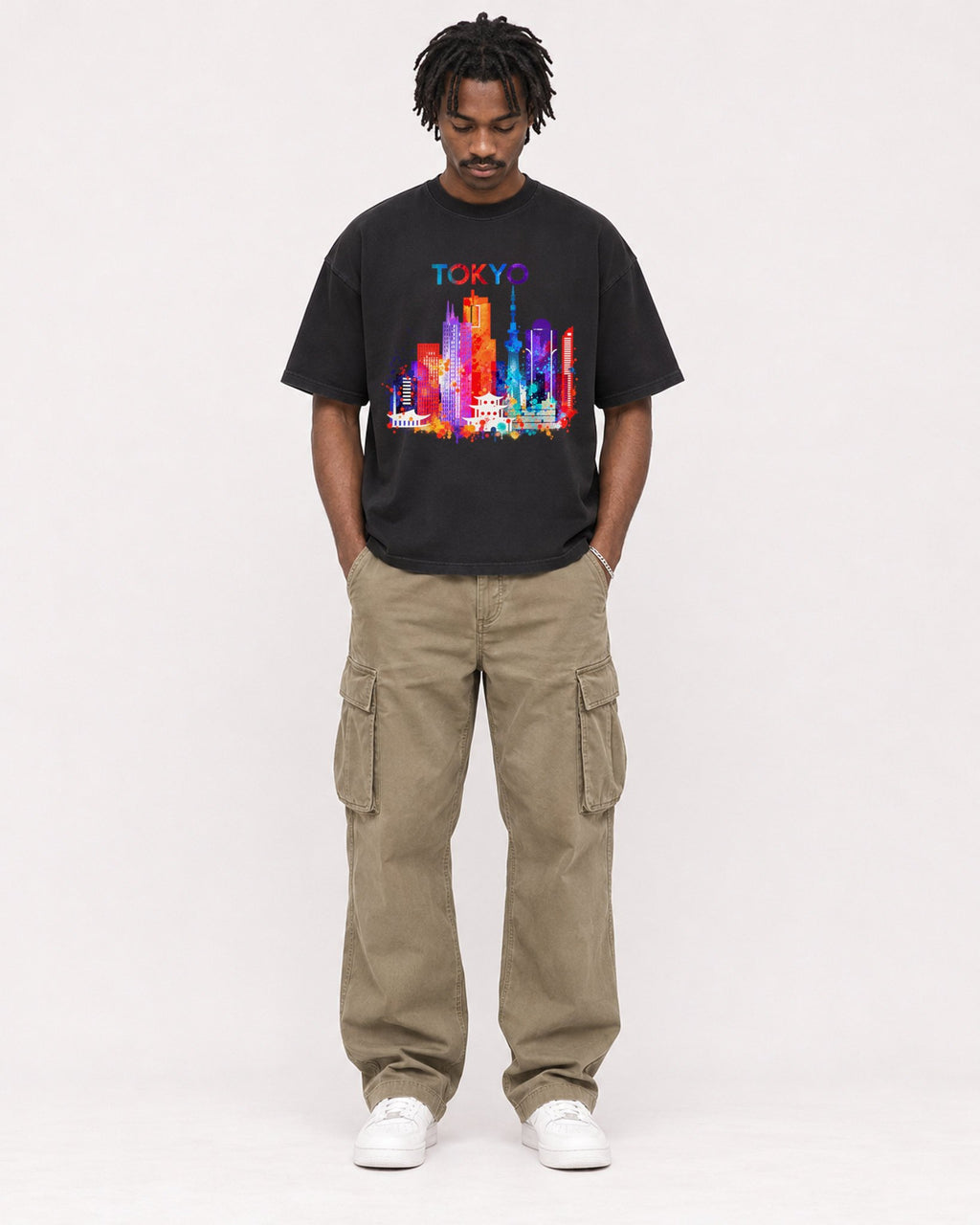 Mockup Boxy Heavyweight Tee Black male full-body 04