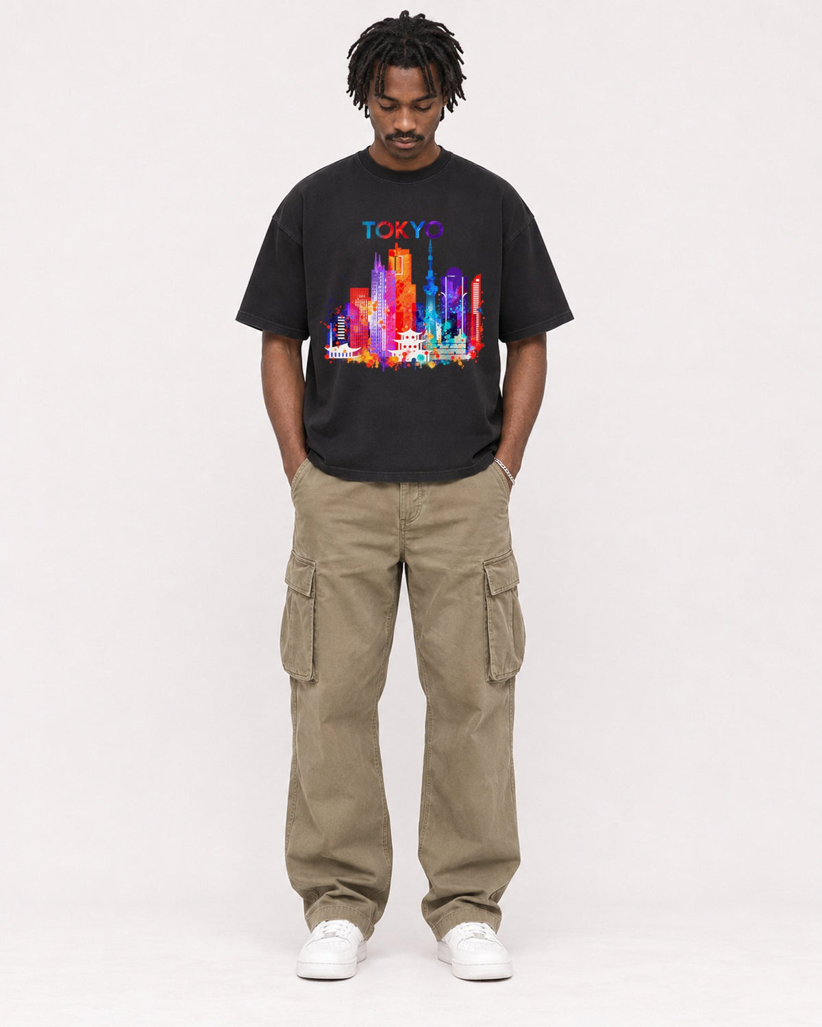 Mockup Boxy Heavyweight Tee Black male full-body 04