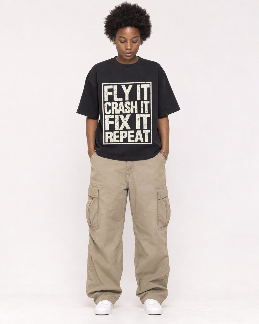 Mockup Boxy Heavyweight Tee Black female full-body 14