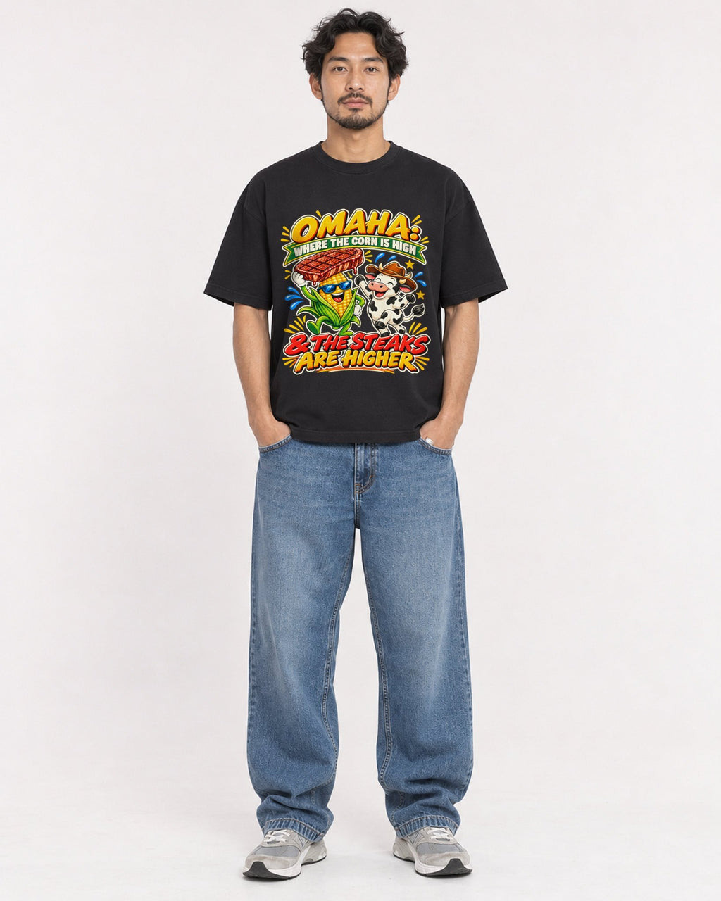 Mockup Boxy Heavyweight Tee Black male full-body 02