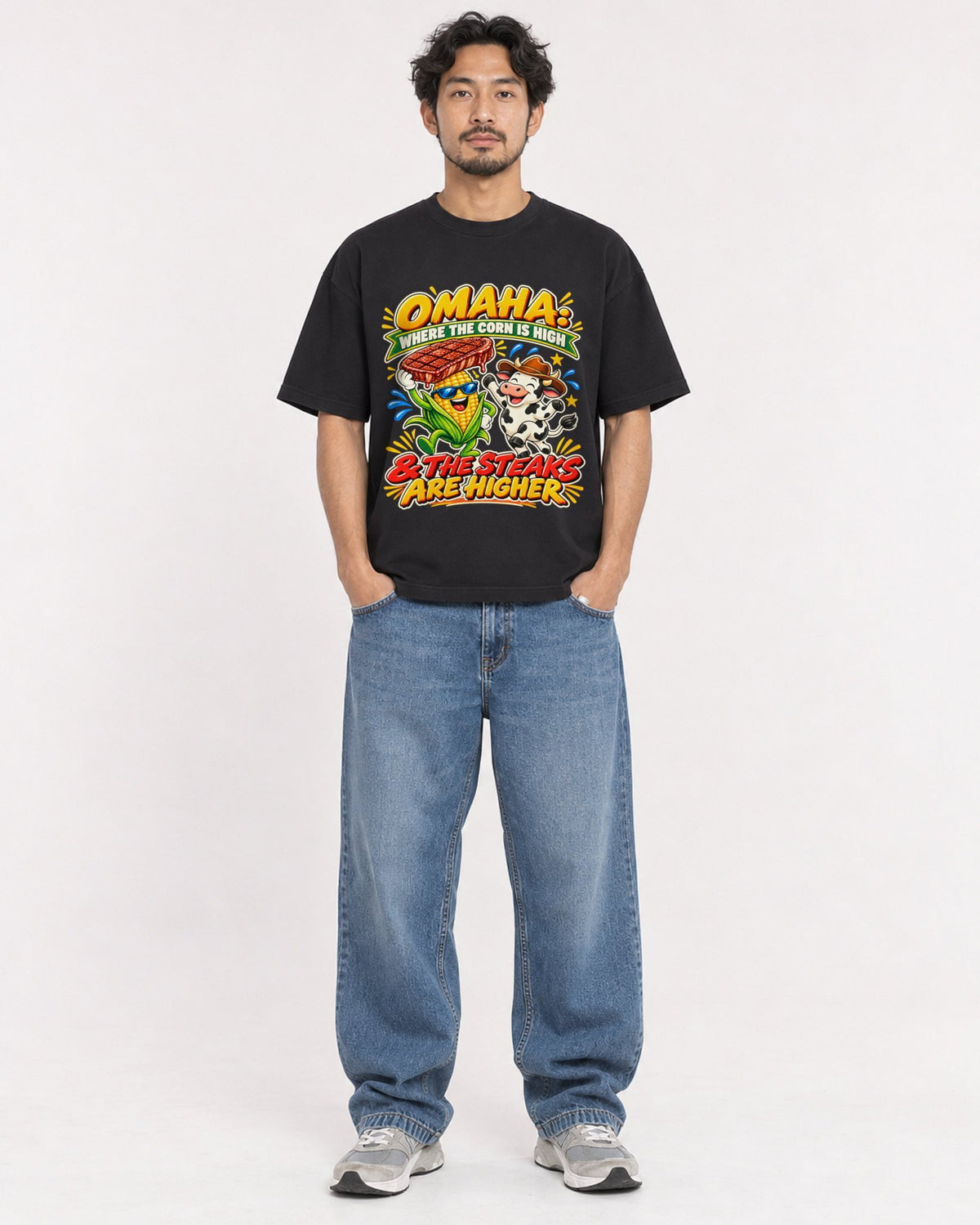 Mockup Boxy Heavyweight Tee Black male full-body 02