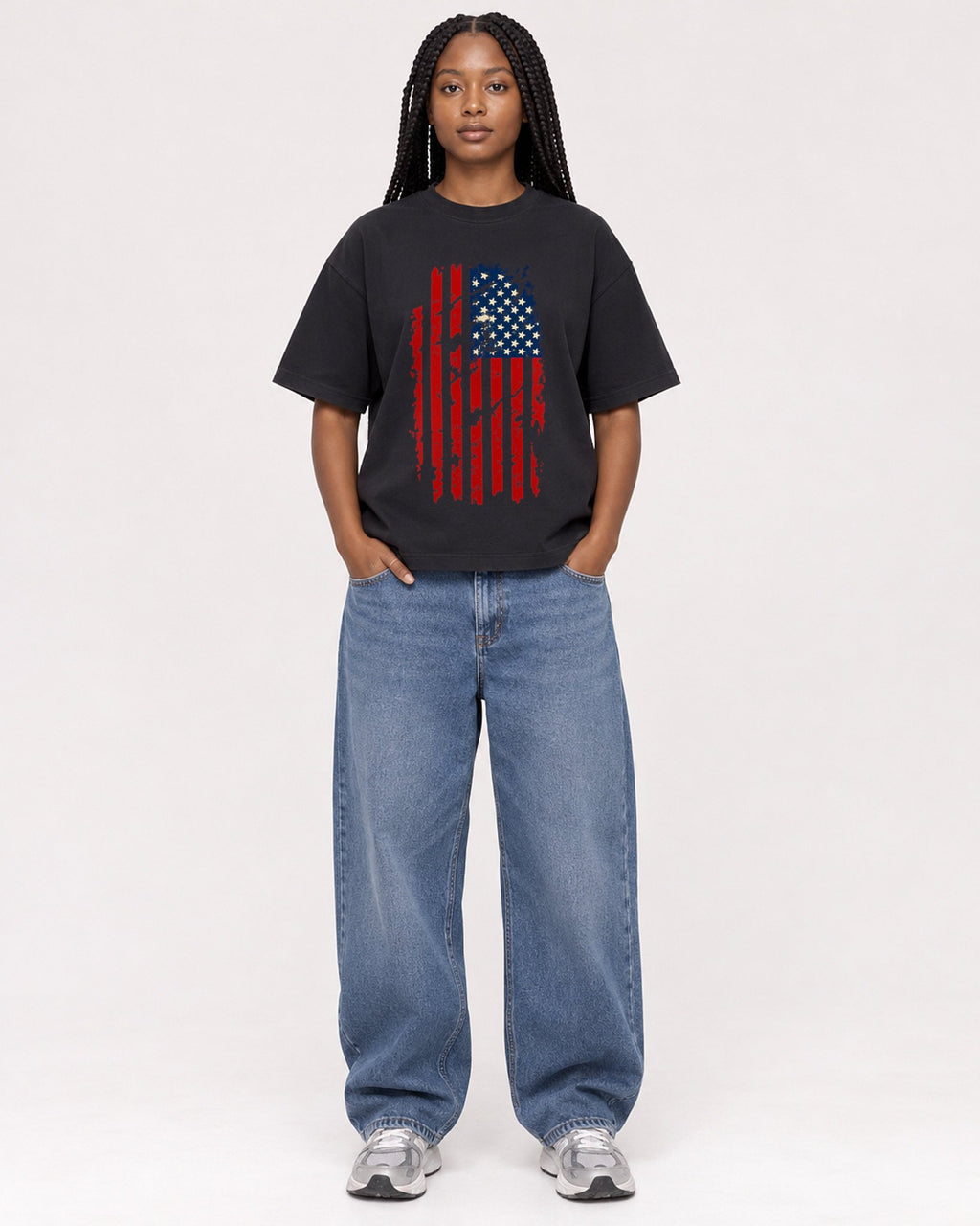 Mockup Boxy Heavyweight Tee Black female full-body 04