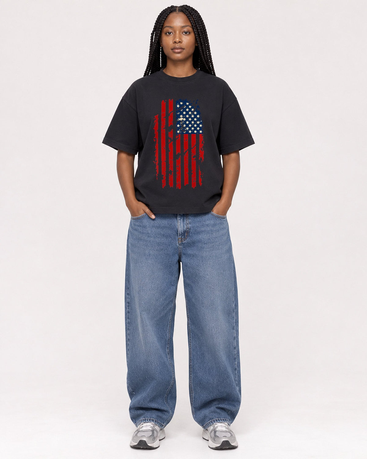 Mockup Boxy Heavyweight Tee Black female full-body 04