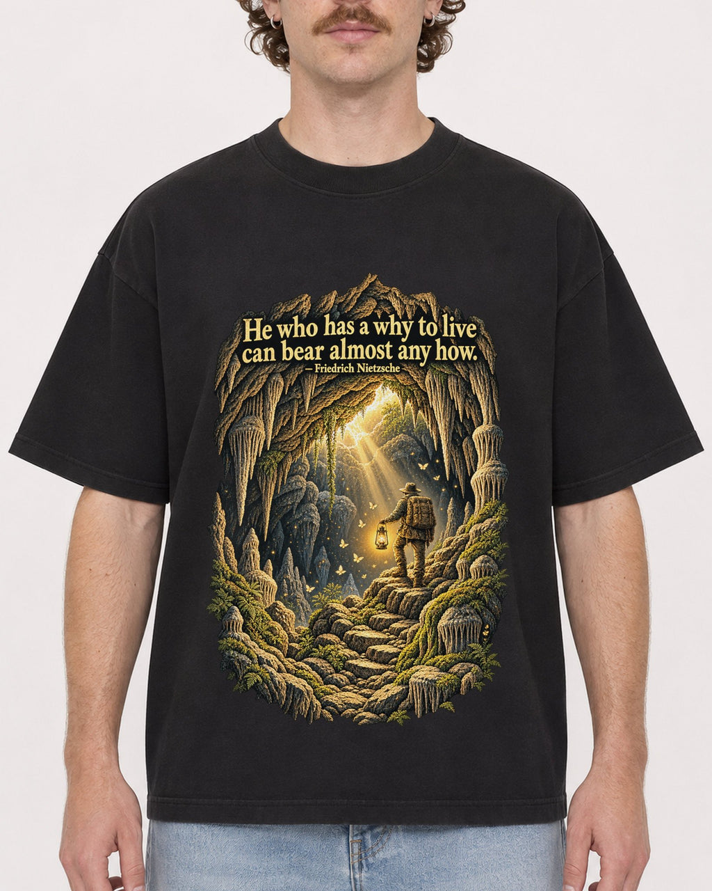 Mockup Boxy Heavyweight Tee Black male close-up 09