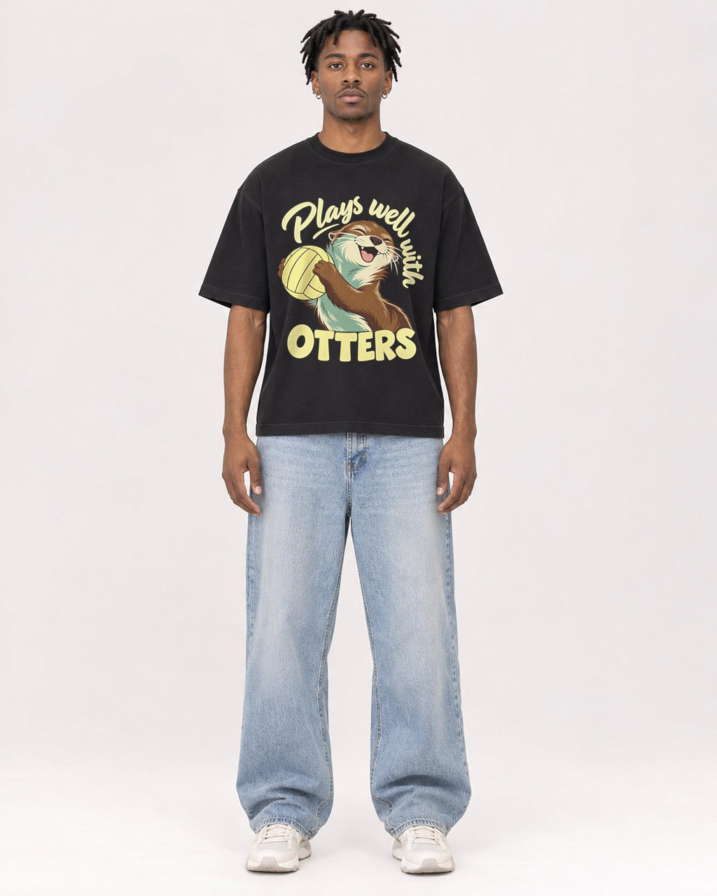Mockup Boxy Heavyweight Tee Black male full-body 05