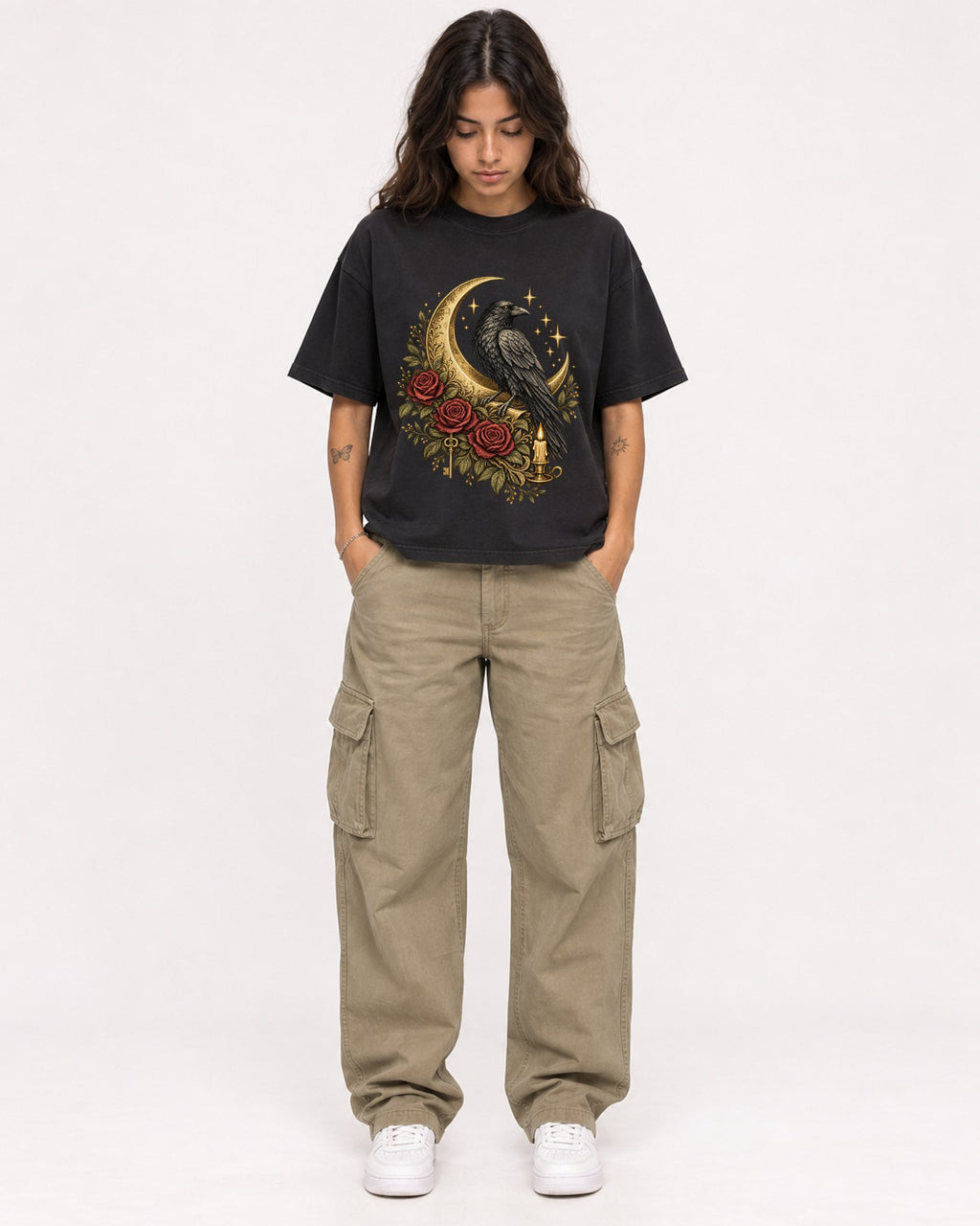Mockup Boxy Heavyweight Tee Black female full-body 06