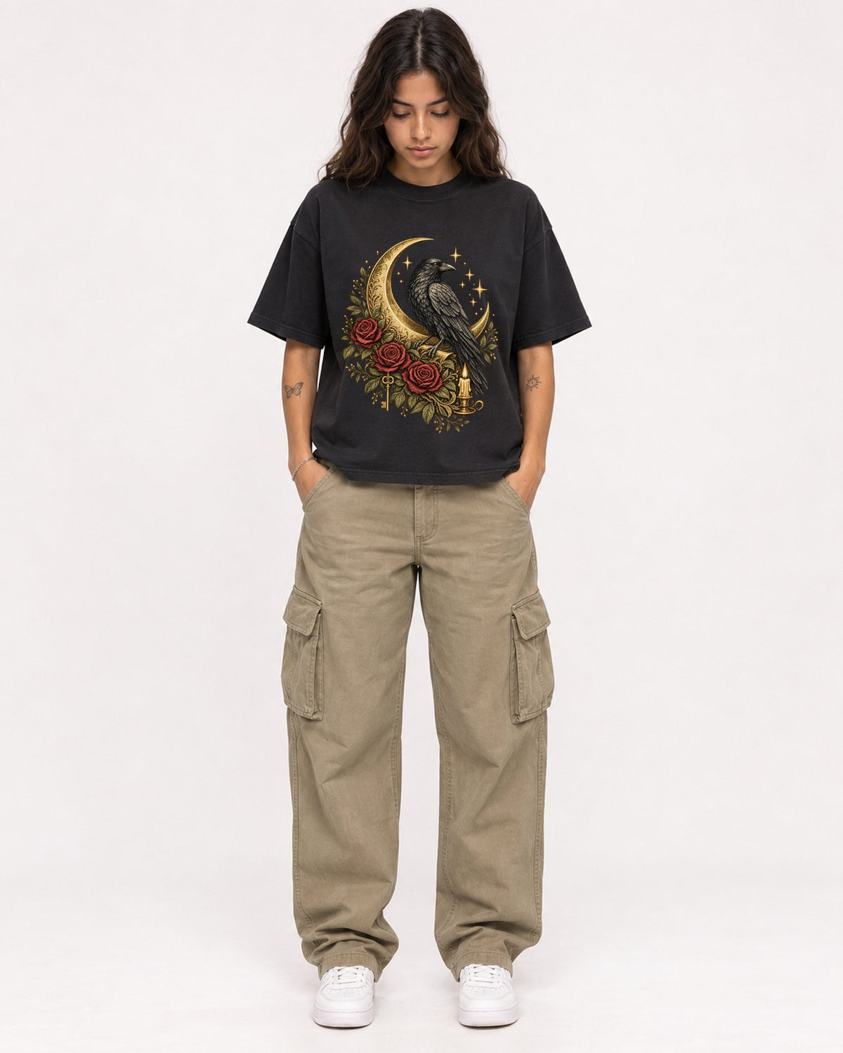 Mockup Boxy Heavyweight Tee Black female full-body 06