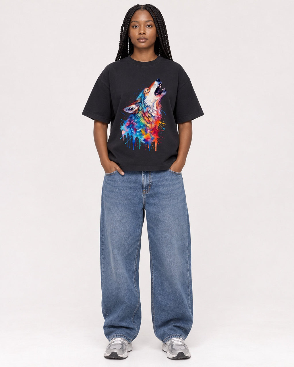 Mockup Boxy Heavyweight Tee Black female full-body 04