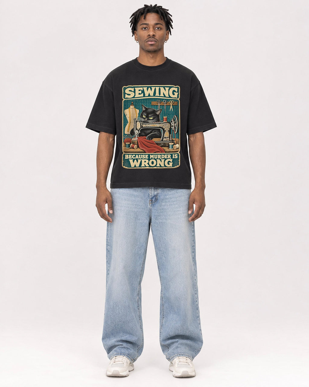 Mockup Boxy Heavyweight Tee Black male full-body 05