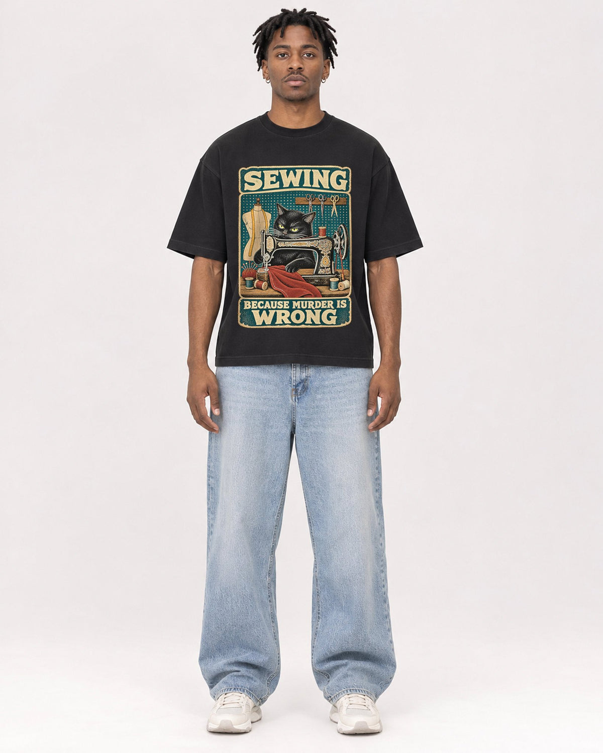Mockup Boxy Heavyweight Tee Black male full-body 05