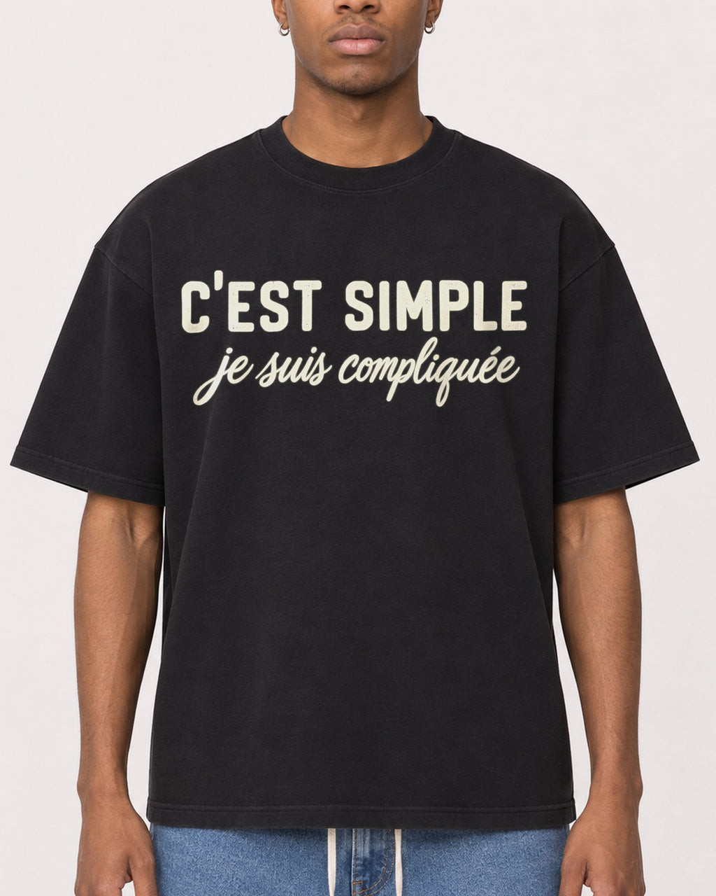 Mockup Boxy Heavyweight Tee Black male close-up 35