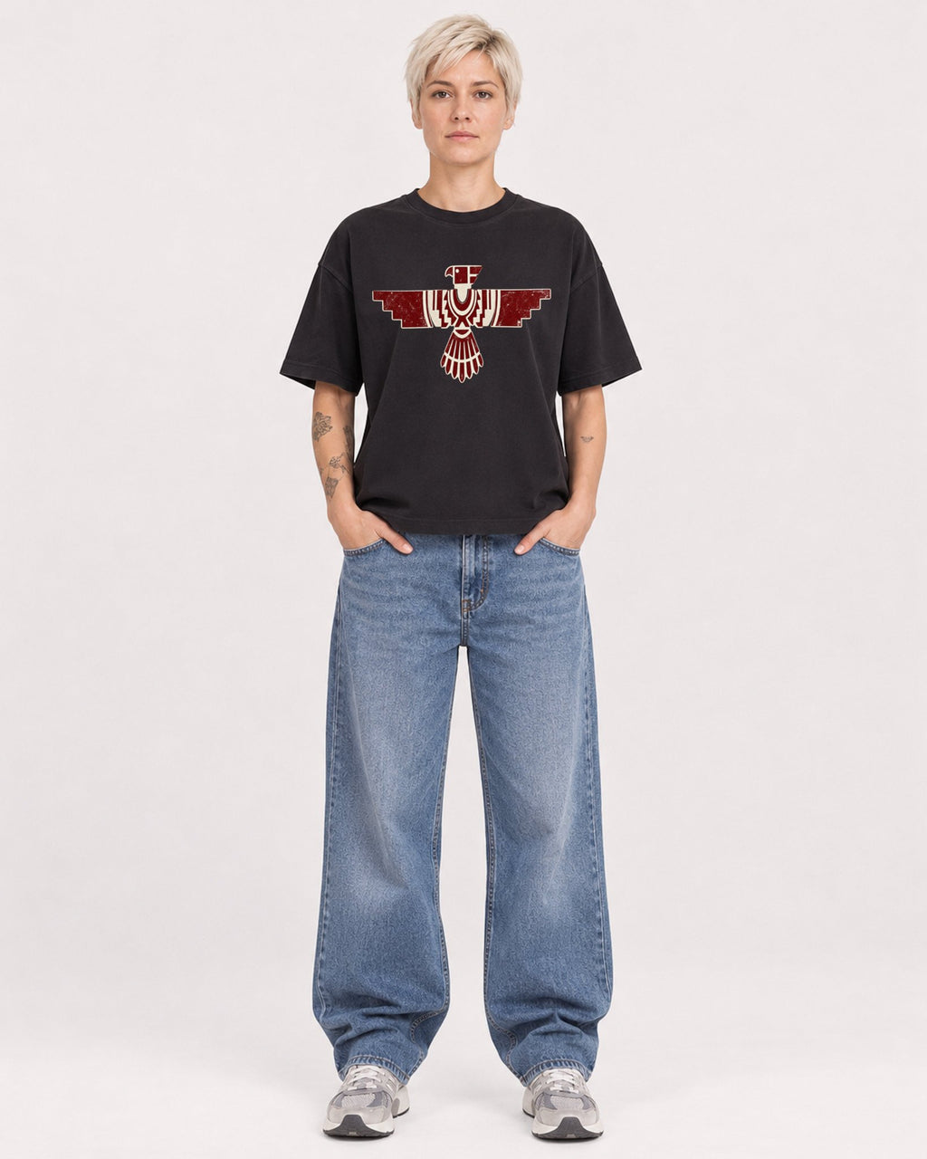 Mockup Boxy Heavyweight Tee Black female full-body 48