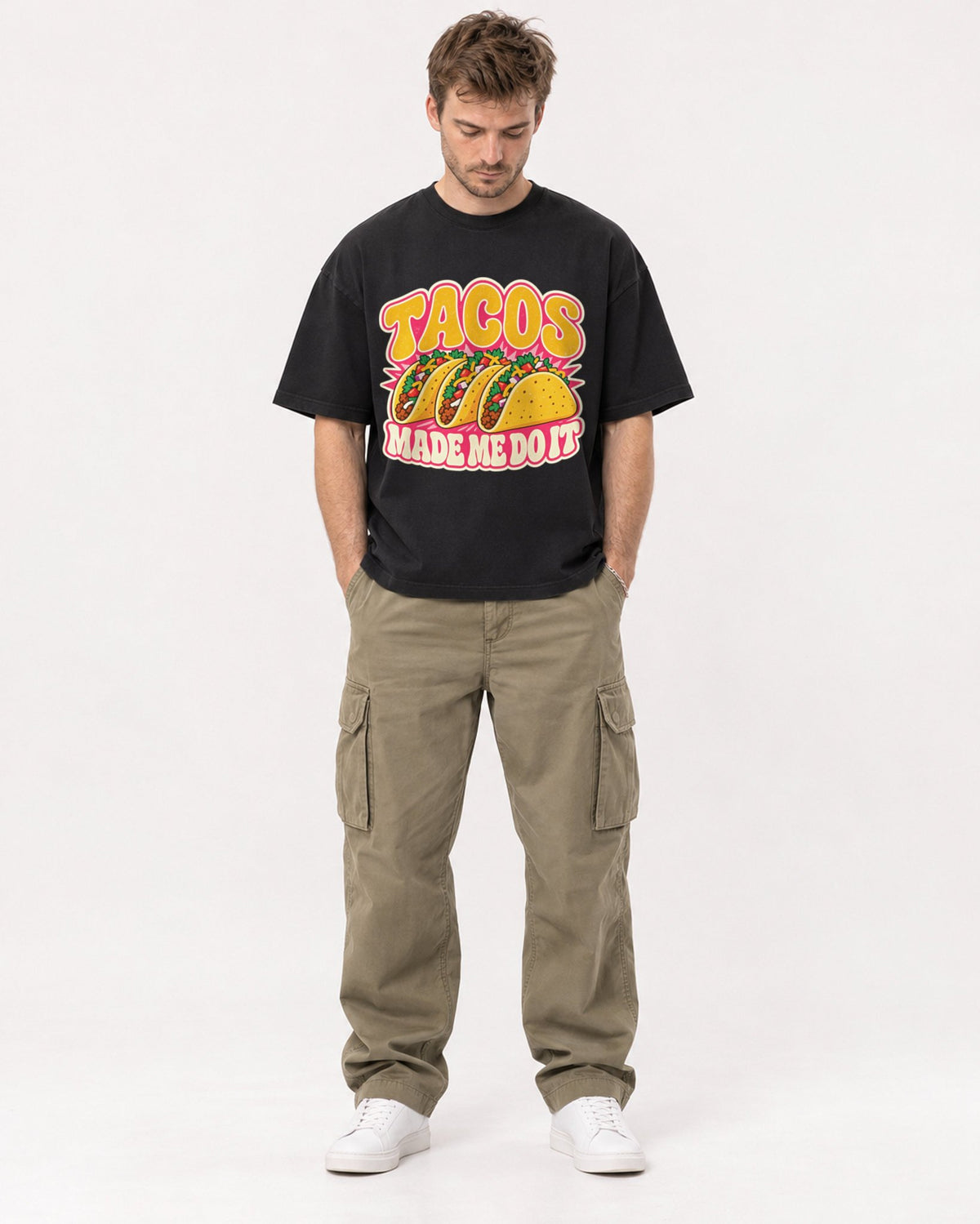 Mockup Boxy Heavyweight Tee Black male full-body 08