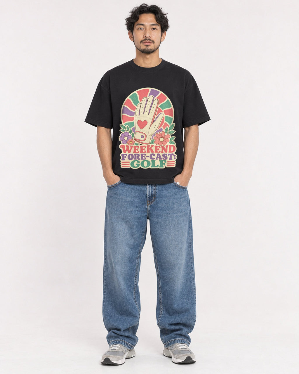 Mockup Boxy Heavyweight Tee Black male full-body 02