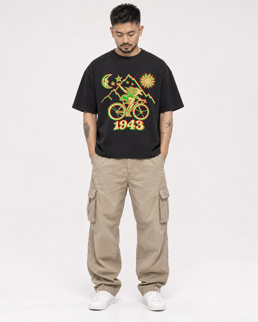Mockup Boxy Heavyweight Tee Black male full-body 12