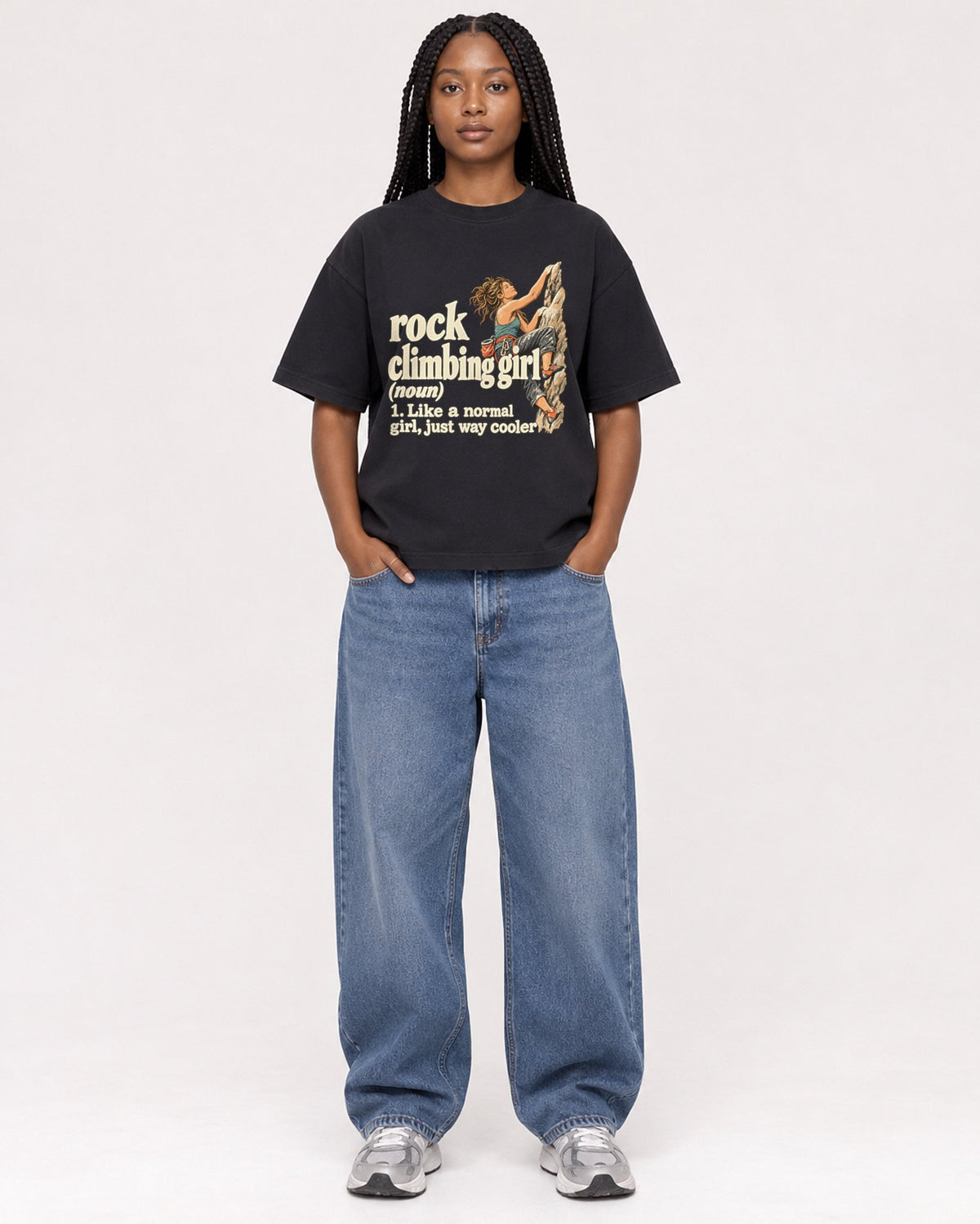Mockup Boxy Heavyweight Tee Black female full-body 04