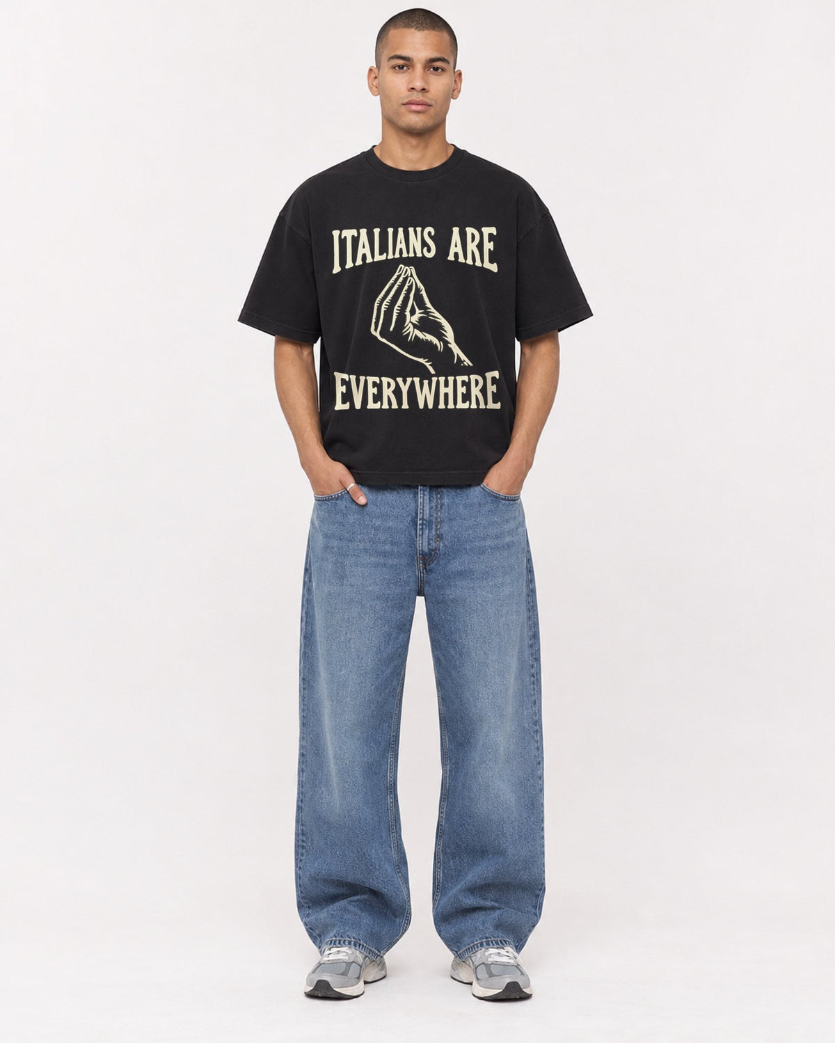 Mockup Boxy Heavyweight Tee Black male full-body 50