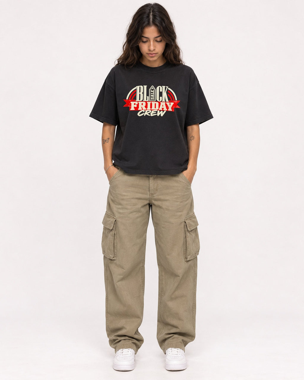 Mockup Boxy Heavyweight Tee Black female full-body 06