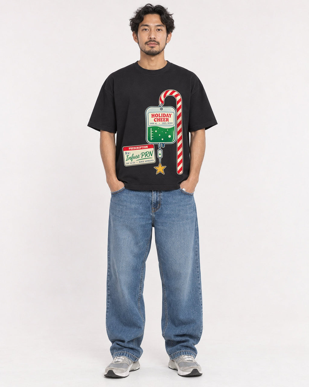 Mockup Boxy Heavyweight Tee Black male full-body 02