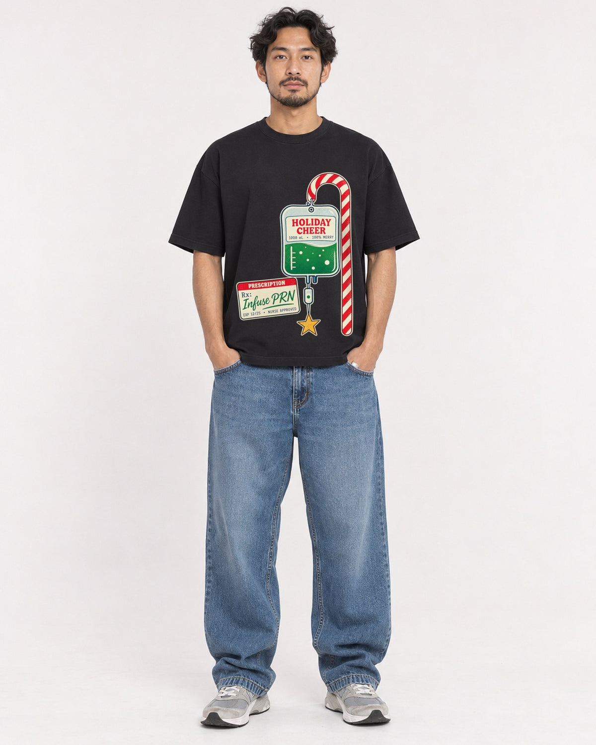Mockup Boxy Heavyweight Tee Black male full-body 02