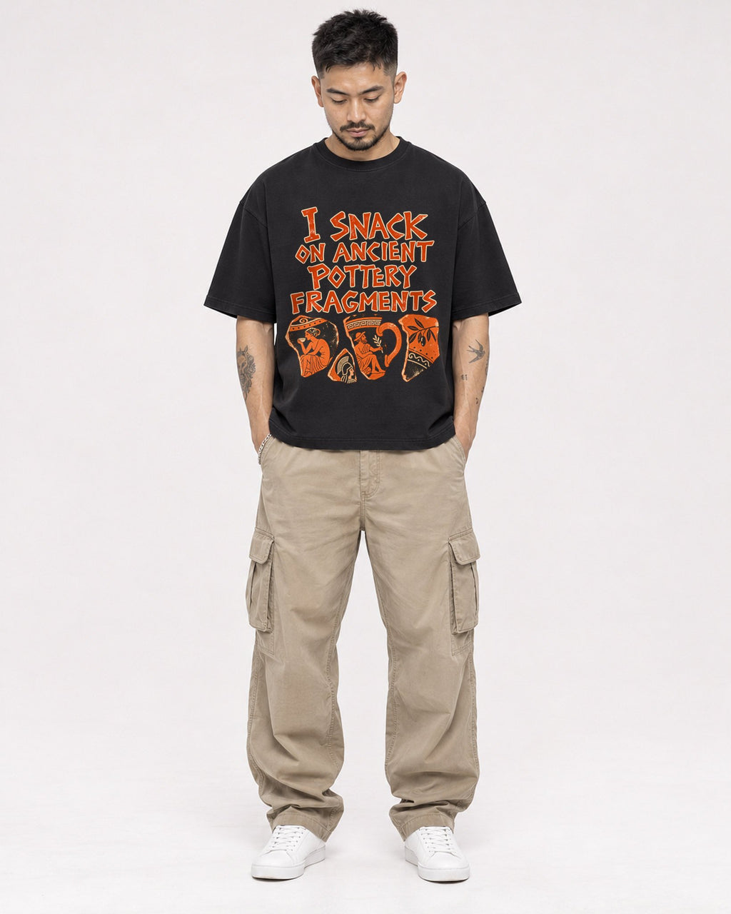 Mockup Boxy Heavyweight Tee Black male full-body 12