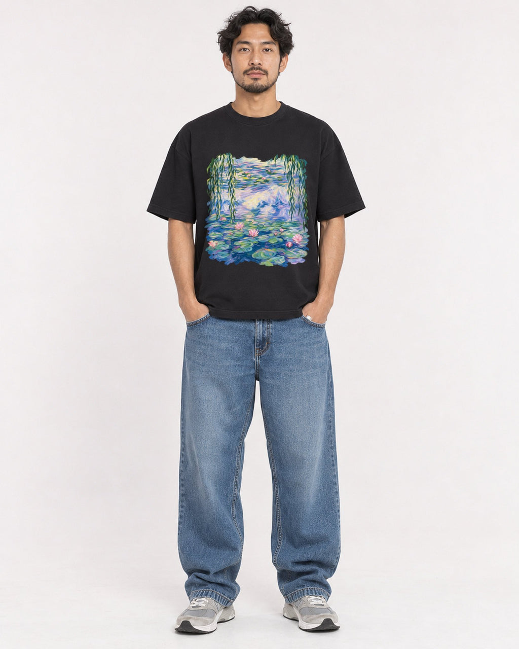 Mockup Boxy Heavyweight Tee Black male full-body 02