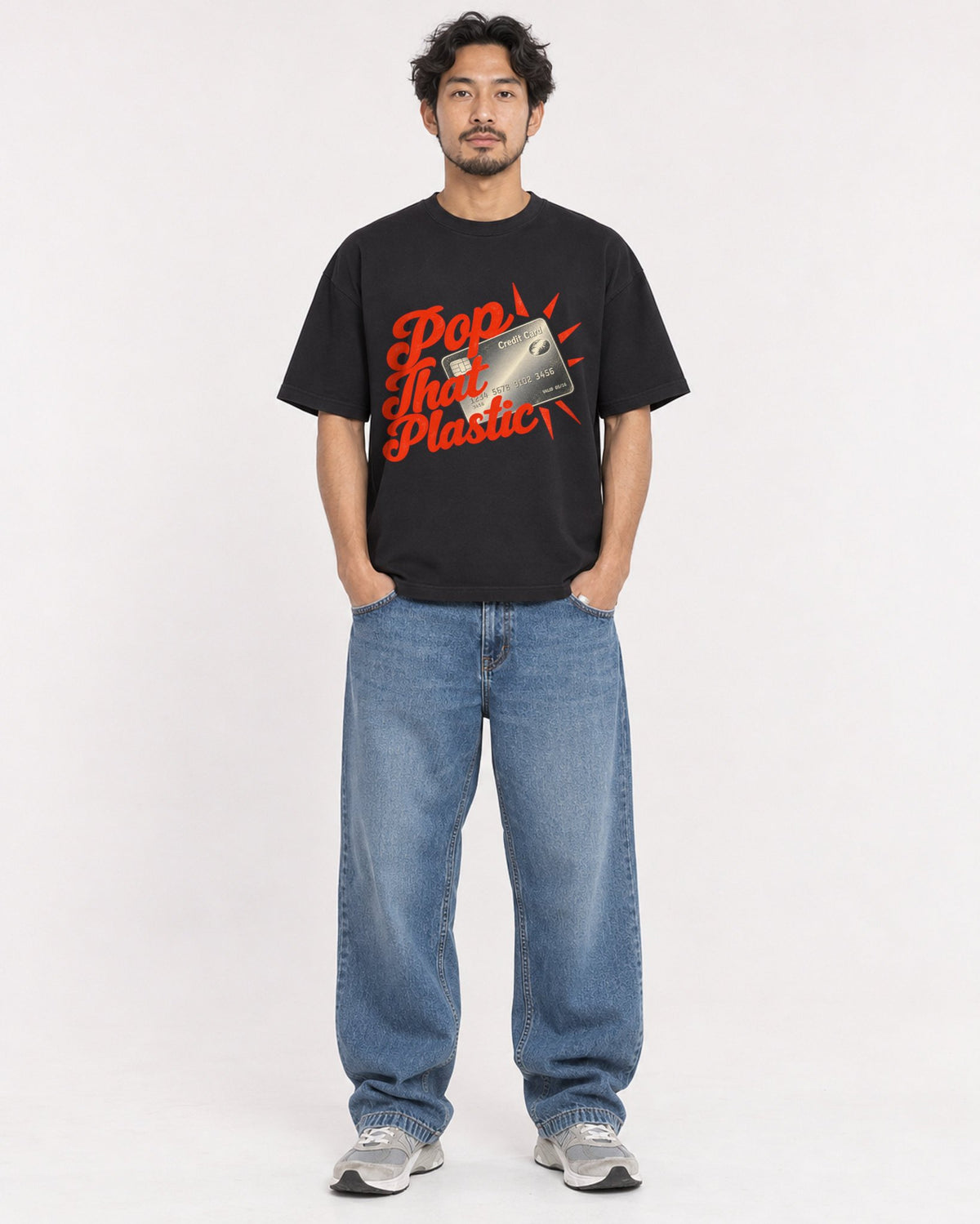 Mockup Boxy Heavyweight Tee Black male full-body 02