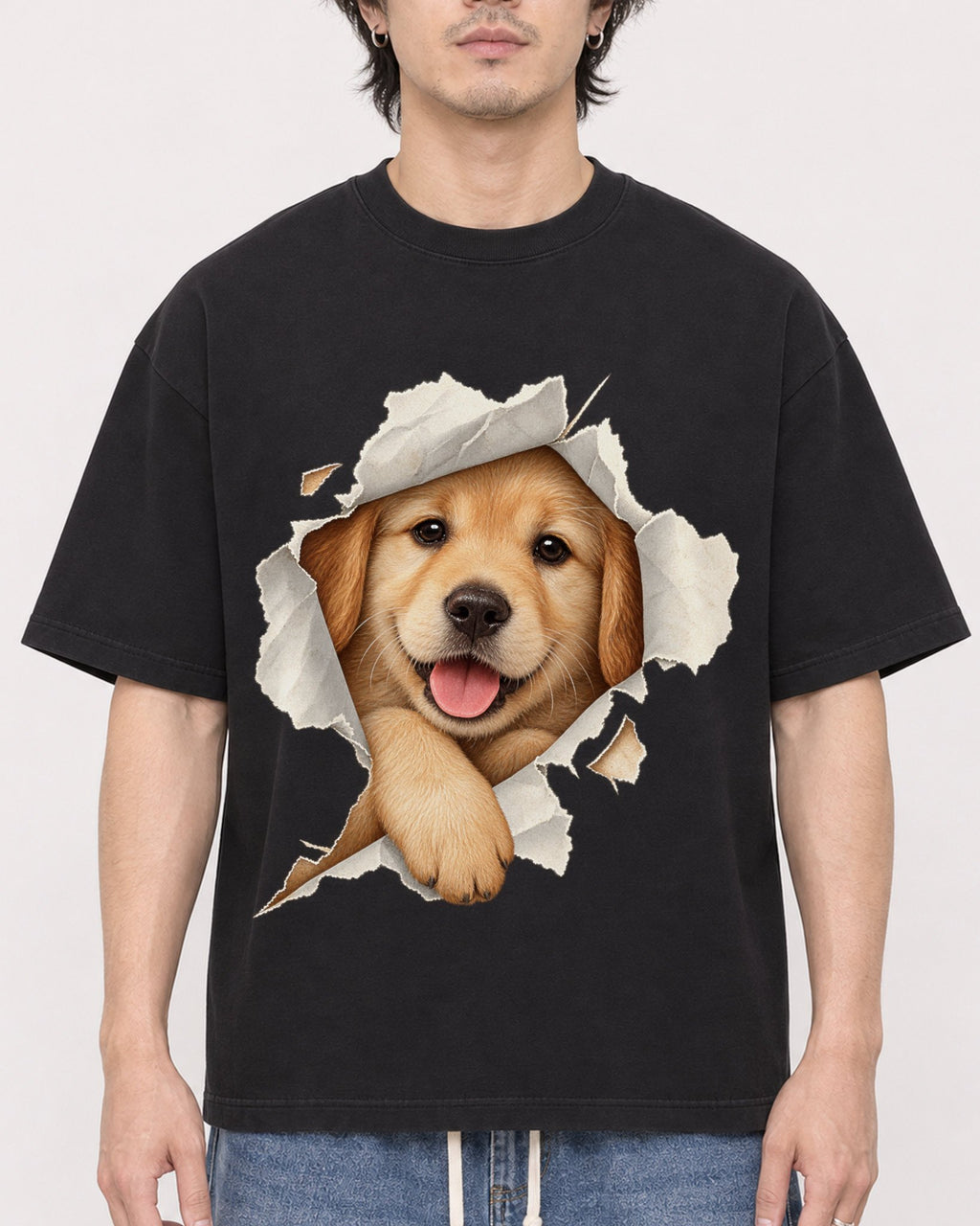 Mockup Boxy Heavyweight Tee Black male close-up 03
