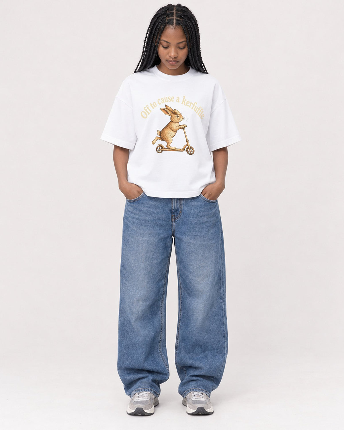 Mockup Boxy Heavyweight Tee White female full-body 45