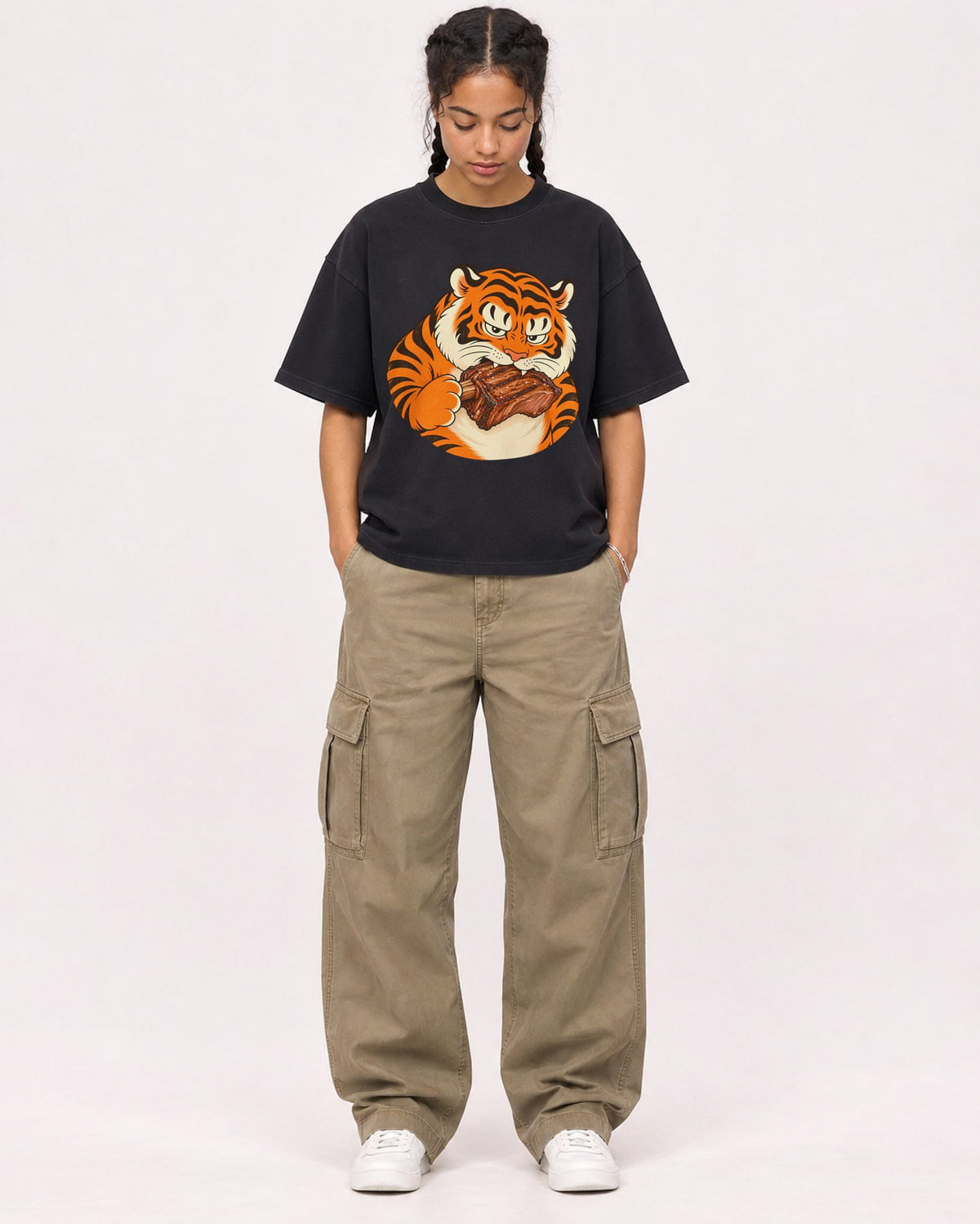 Mockup Boxy Heavyweight Tee Black female full-body 50