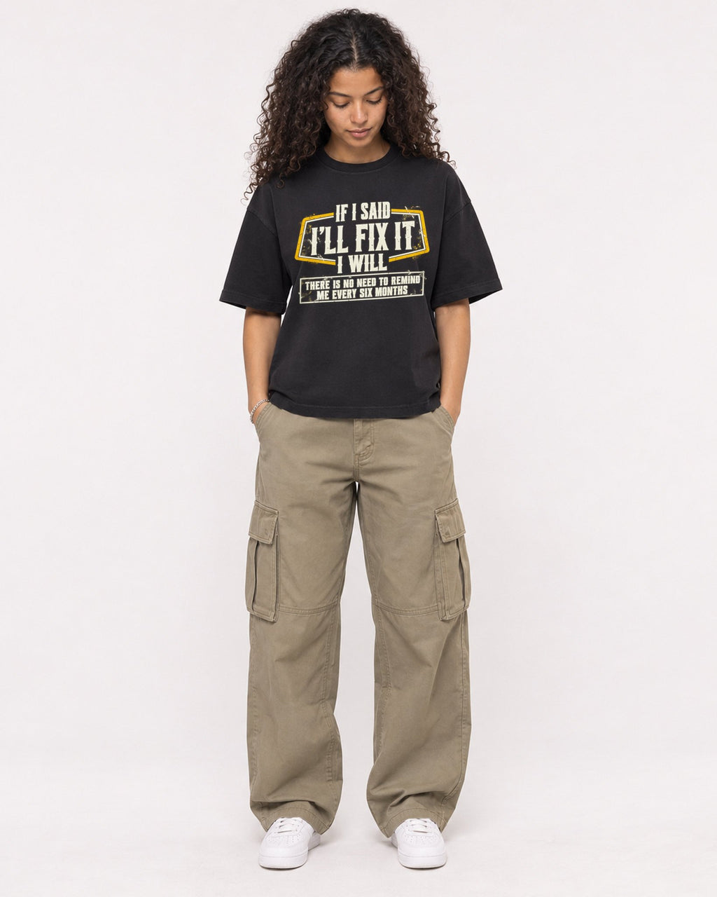 Mockup Boxy Heavyweight Tee Black female full-body 10