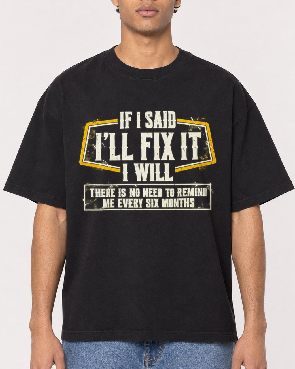 Mockup Boxy Heavyweight Tee Black male close-up 10