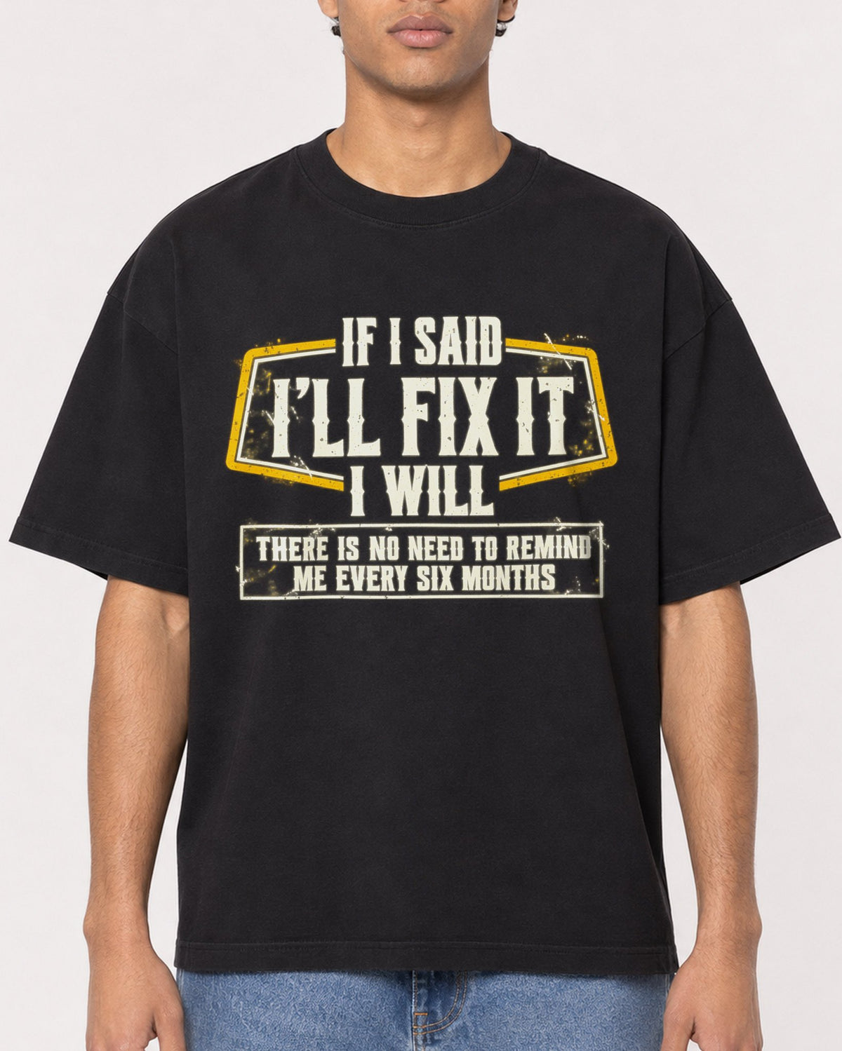 Mockup Boxy Heavyweight Tee Black male close-up 10