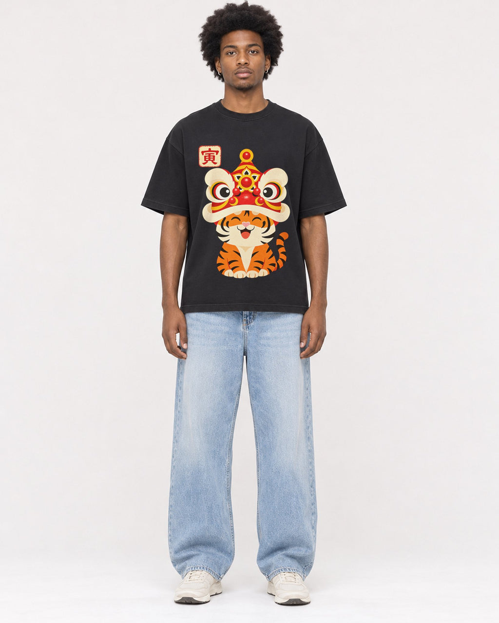 Mockup Boxy Heavyweight Tee Black male full-body 45