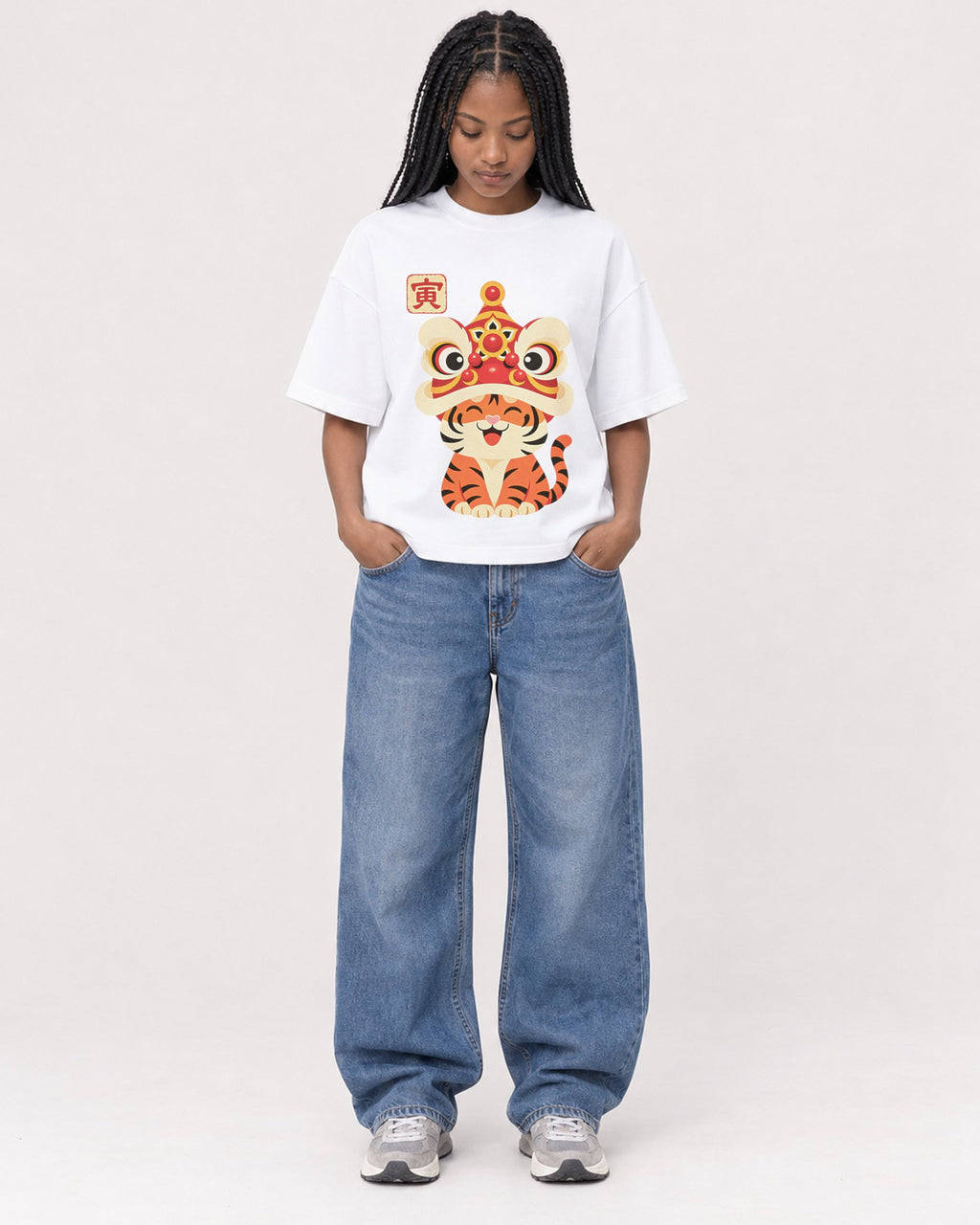 Mockup Boxy Heavyweight Tee White female full-body 45
