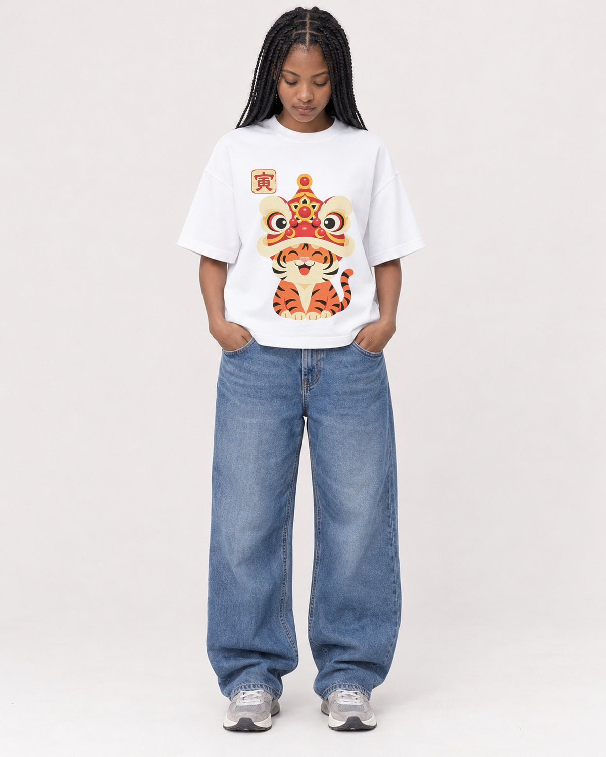 Mockup Boxy Heavyweight Tee White female full-body 45